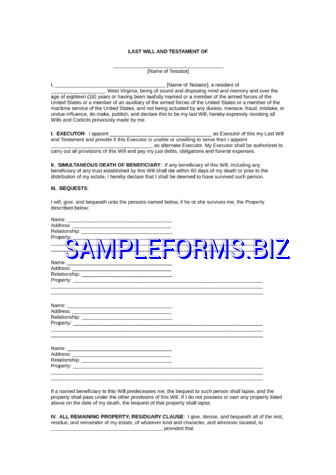 West Virginia Last Will and Testament Form docx pdf free