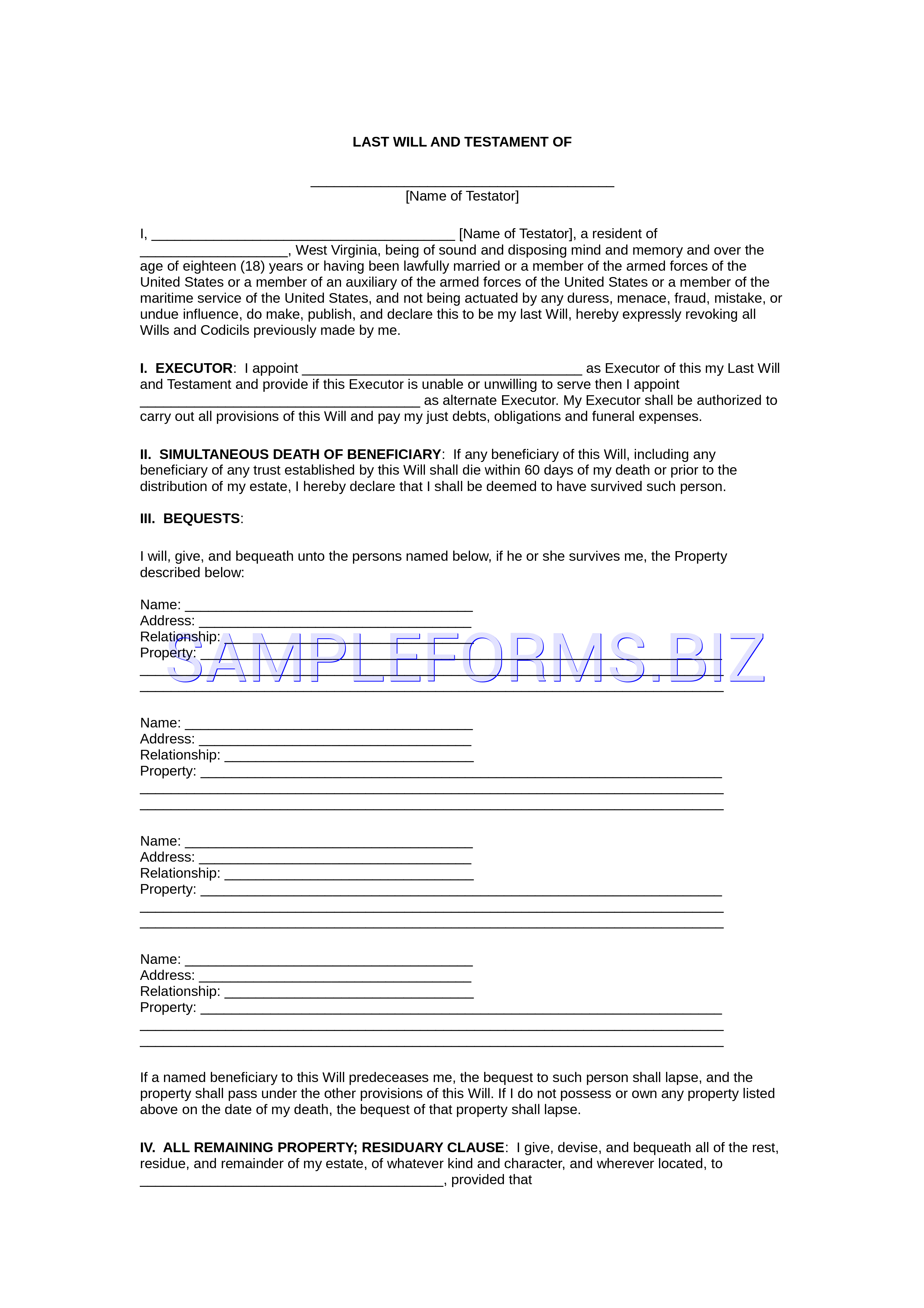 Preview free downloadable West Virginia Last Will and Testament Form in PDF (page 1)